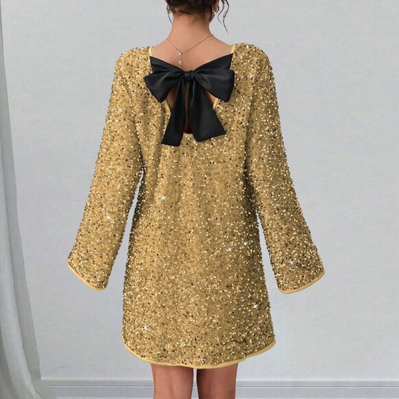 Gold Party Women's Elegant Pearl Bow Christmas Dress - Picture 2 of 5